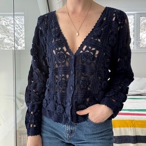 Vintage cotton and ramie Navy granny square Crochet Floral Cardigan small